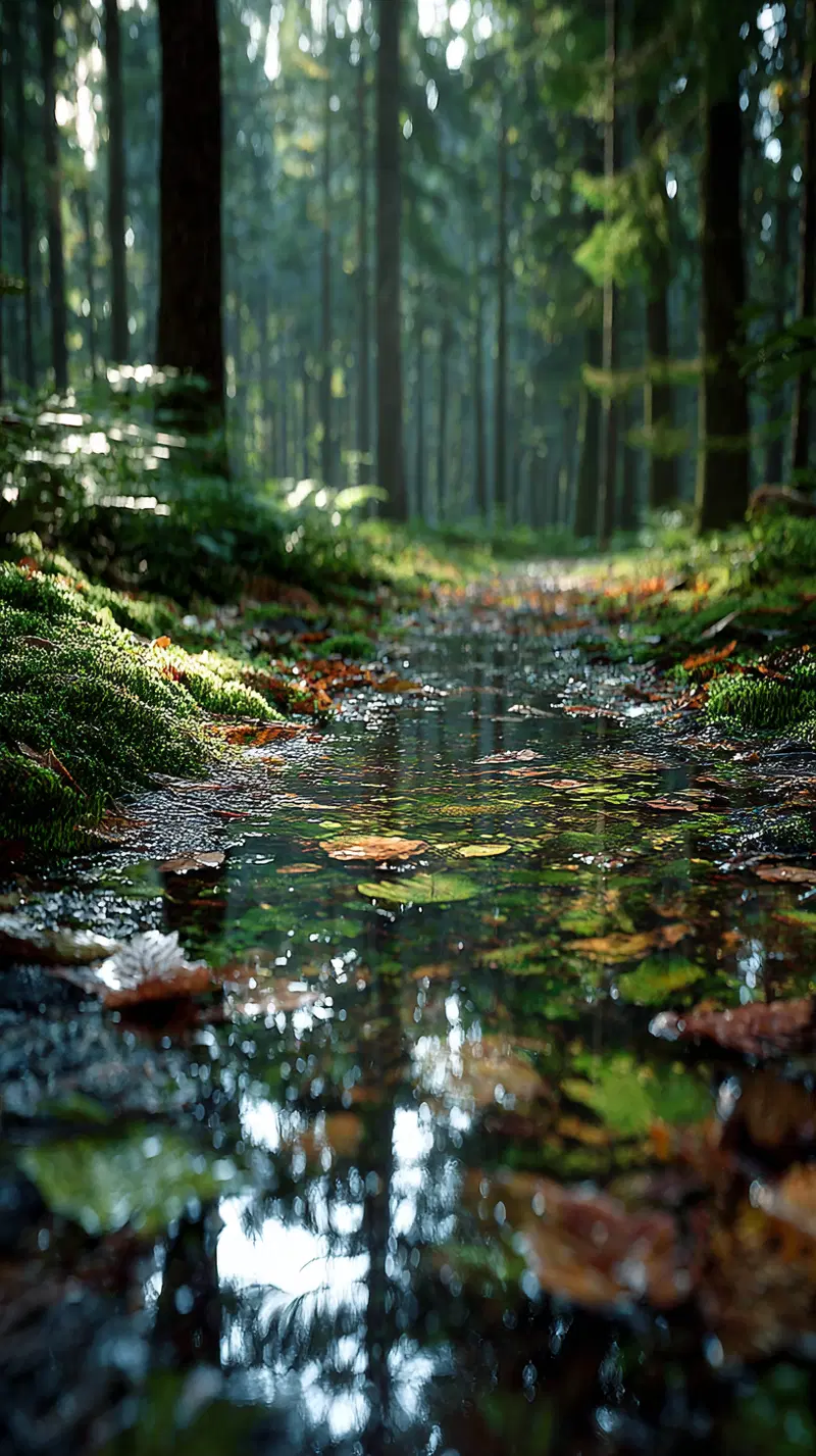 Tranquil forest scene with a reflective stream and autumn leaves