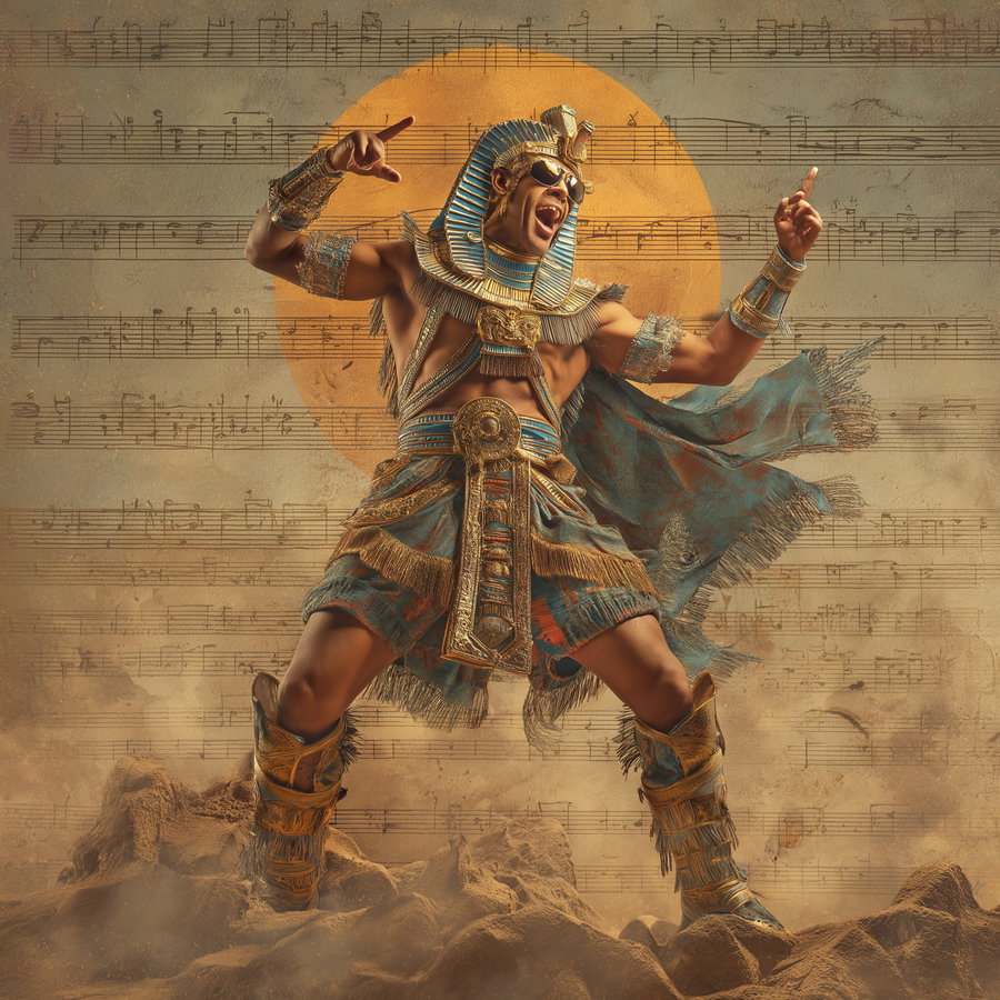 Man wearing detailed ancient Egyptian pharaoh costume with headdress, sunglasses, and ornate armor standing on rocky ground with musical notation background and large orange circle behind him.