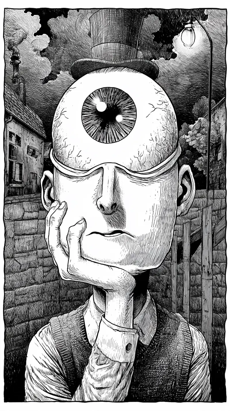 Surreal Black and White Illustration of a Man with a Single Large Eye Wearing a Hat