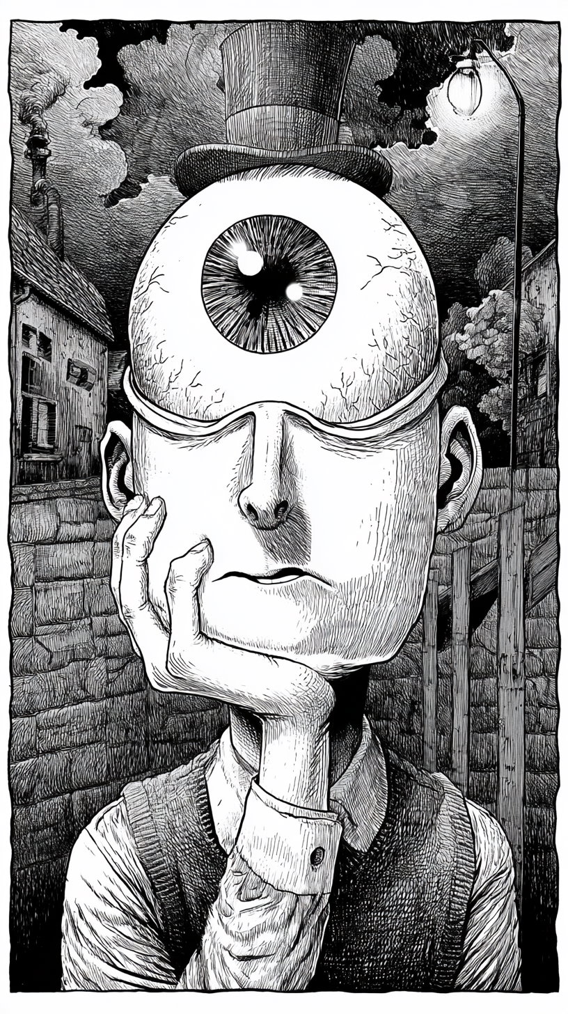 Black and white surreal drawing of a man with a large single eye on his forehead, wearing a top hat and a sweater vest, leaning his face on a hand, with buildings and a street lamp in the background