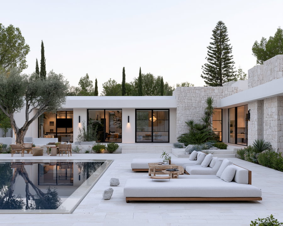 Modern outdoor patio featuring low, minimalist white cushioned lounge chairs, natural stone walls, large glass windows, and neatly trimmed greenery reflected in a clear swimming pool