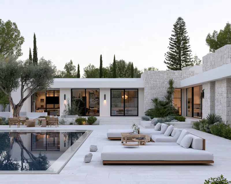Minimalist outdoor living area with modern seating and natural stone walls