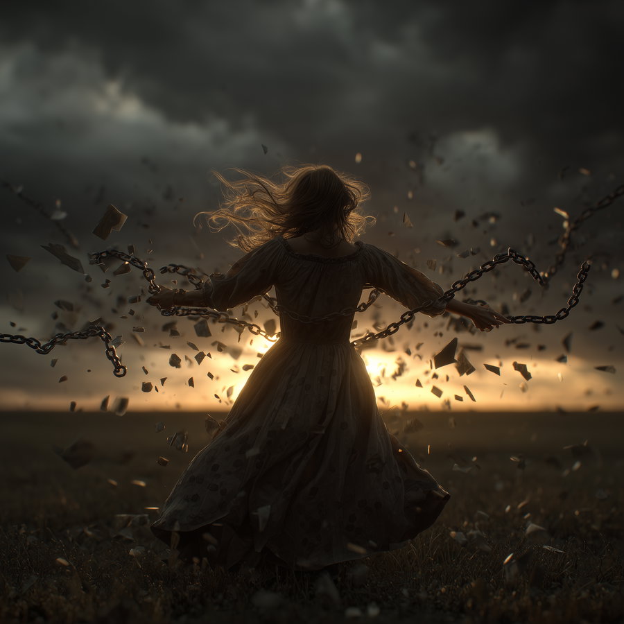 A woman in a flowing dress breaking free from chains with pieces flying around her against a dramatic cloudy sunset sky in a field.