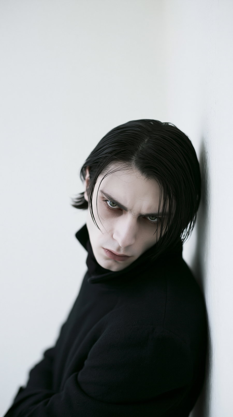 A person with short dark hair and pale skin wearing a black turtleneck leans against a white wall with an intense expression