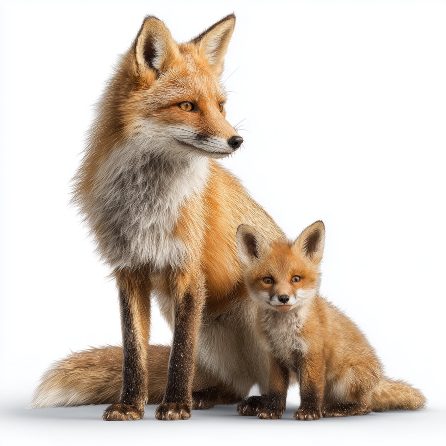 An adult red fox sitting next to a smaller young red fox, both facing forward against a white backdrop