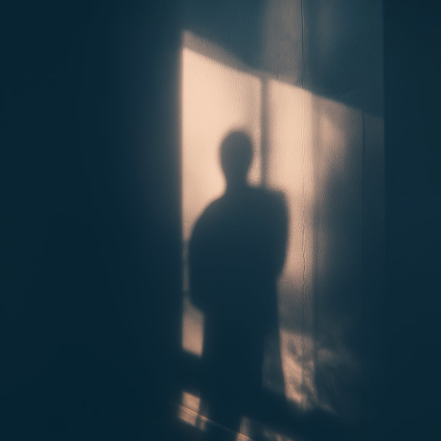 Shadow of a human figure cast on a wall with light coming through a window creating a soft, moody atmosphere