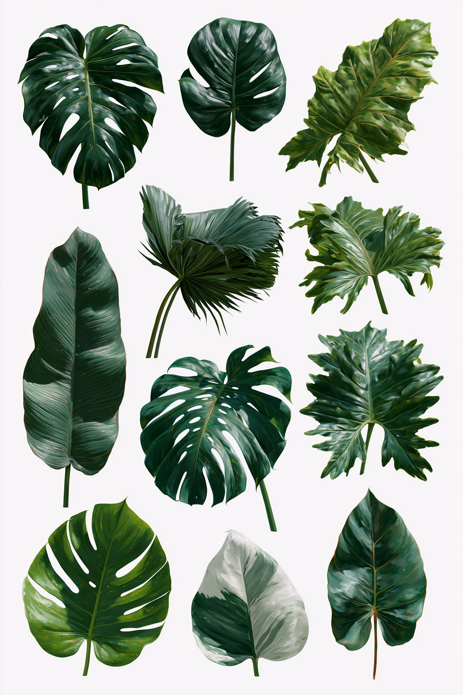 Digital illustration of twelve different green botanical leaves arranged on a white background