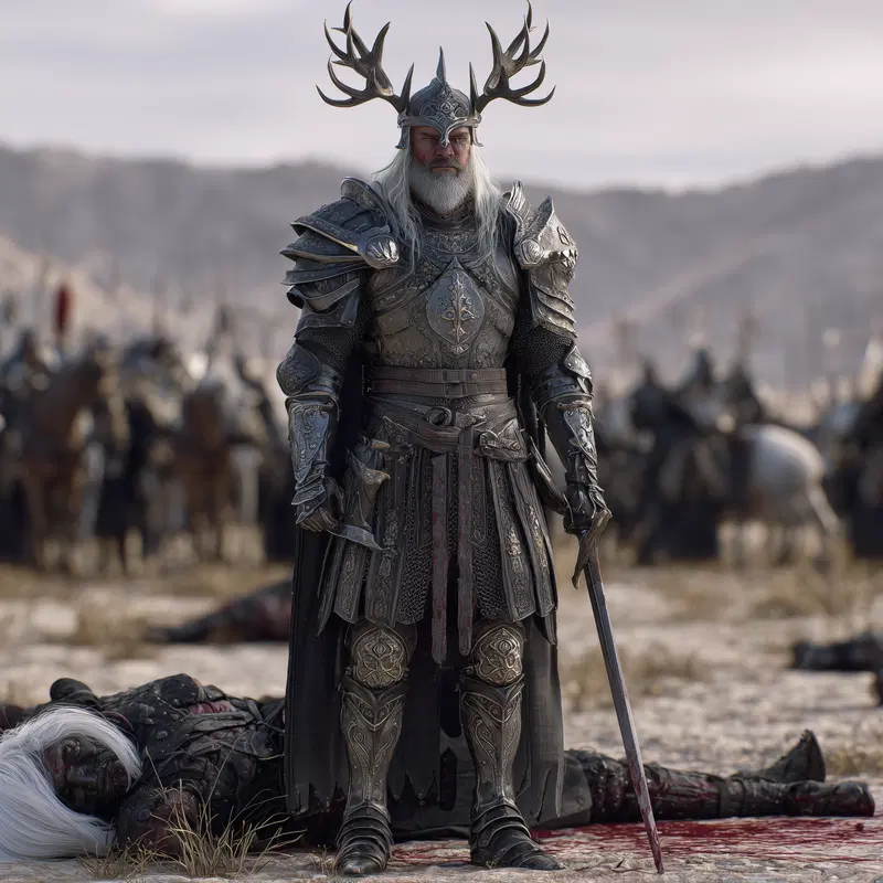 Regal knight in ornate armor with stag antler helmet standing on battlefield