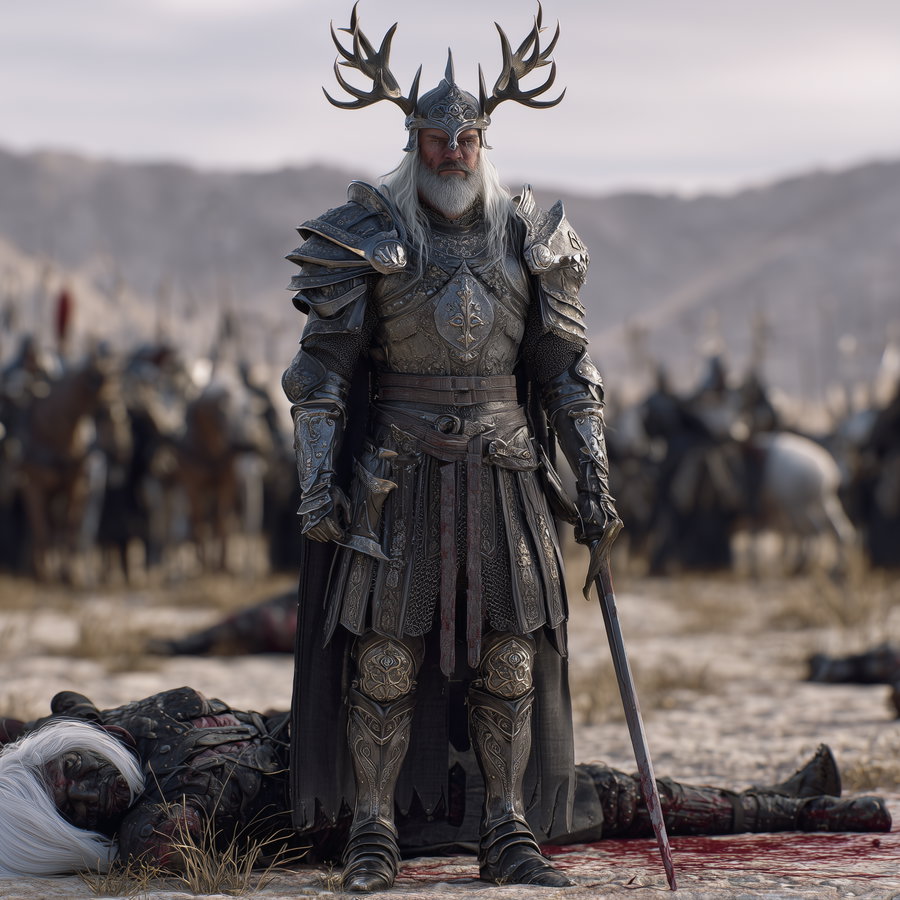 A knight wearing detailed, engraved metal armor and a helmet adorned with large stag antlers stands on a battlefield with fallen soldiers and horses around him in front of a blurred mountain background.