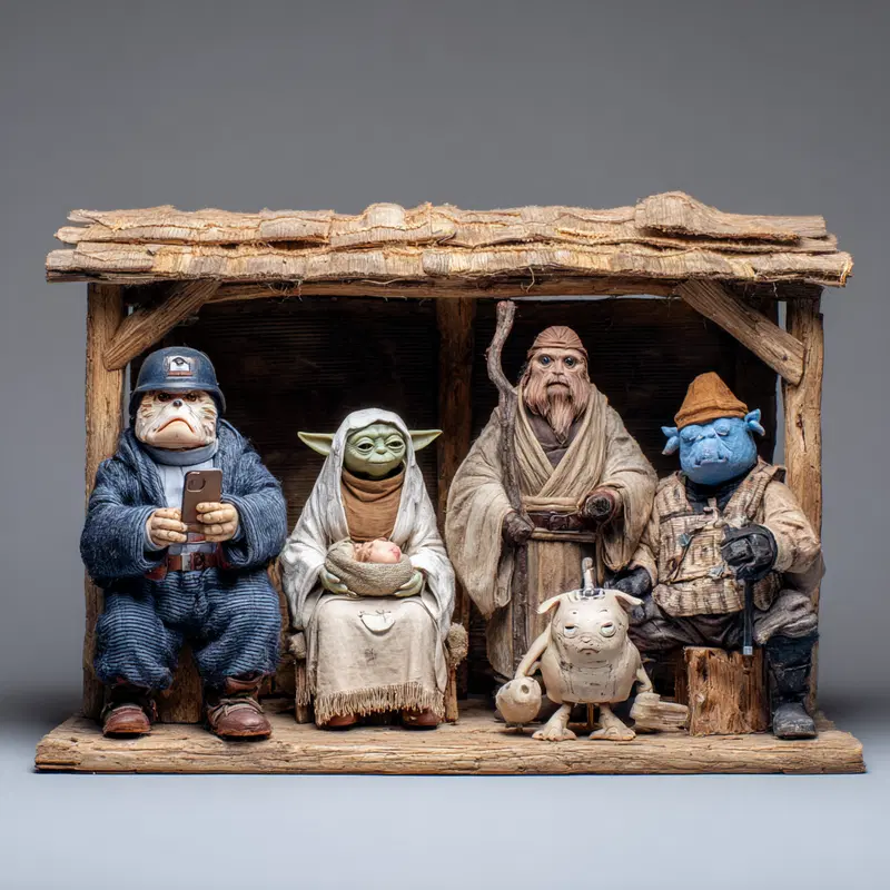 Vintage-inspired Star Wars character figurines arranged in a rustic wooden stable