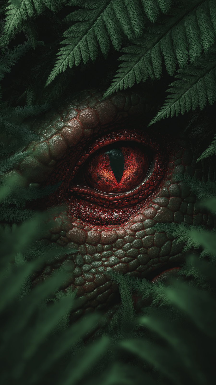 A detailed, close-up image of a large reptile's eye with red and black scales surrounded by green fern leaves
