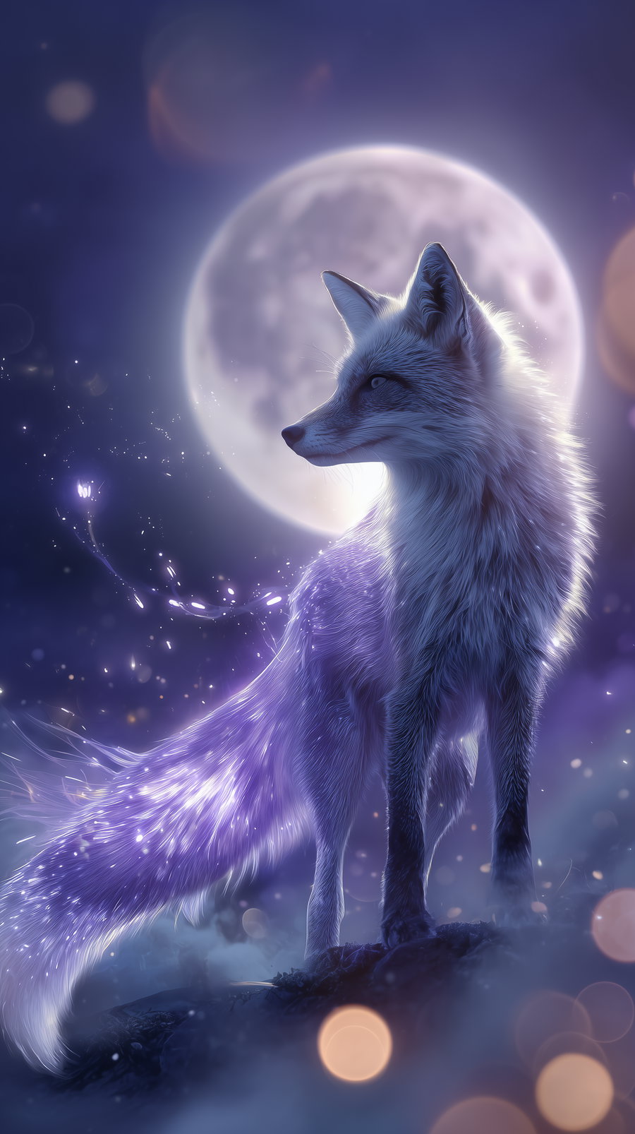 A glowing white fox with sparkling purple fur standing on a rock with a full moon in the background and soft glowing light effects