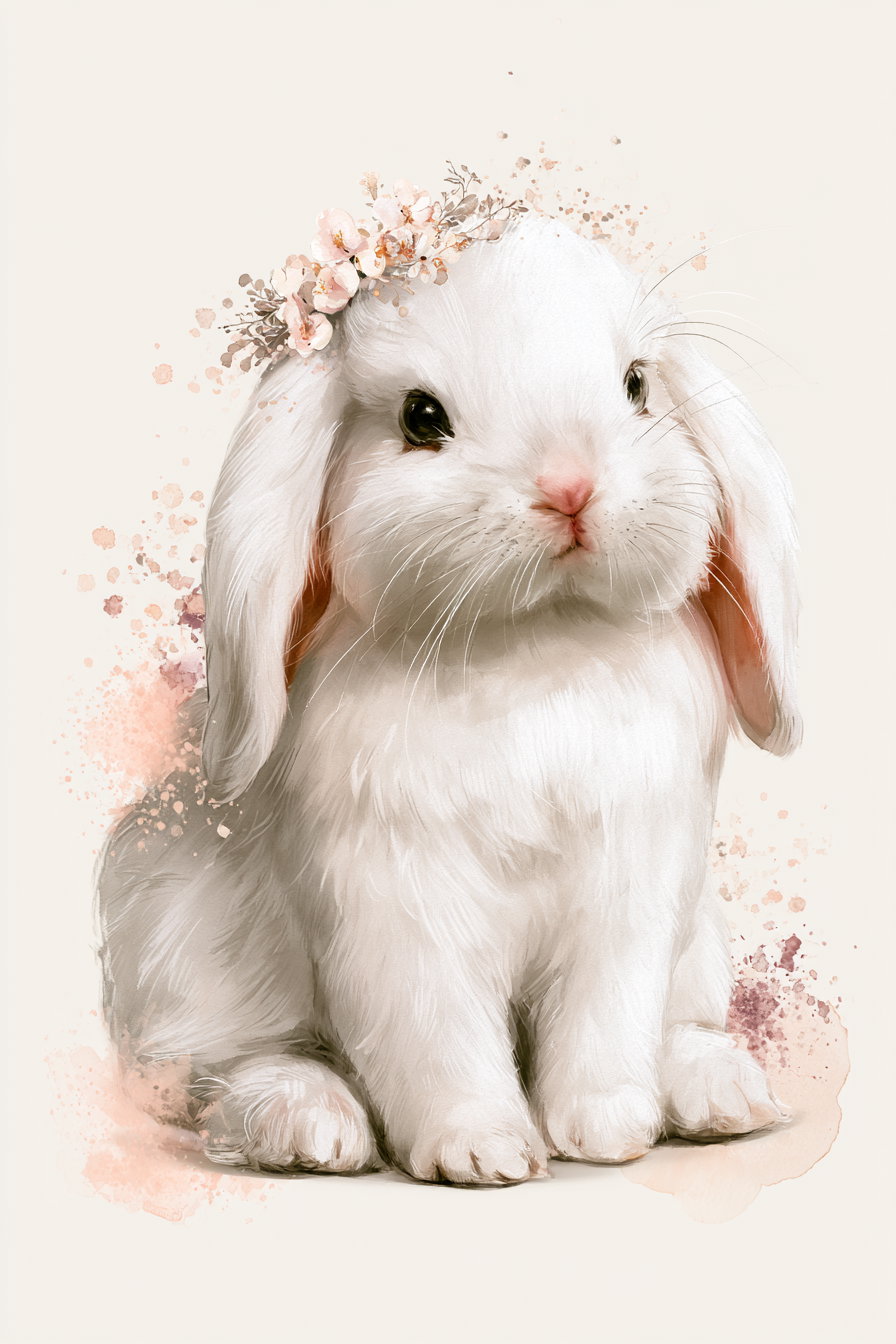 Artistic illustration of a fluffy white bunny wearing a crown of soft pink flowers and leaves against a light beige background with watercolor splashes.