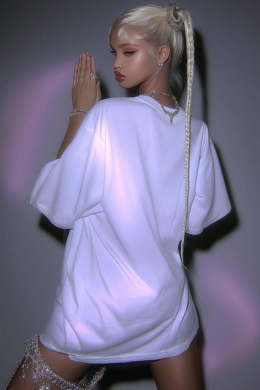 Side view portrait of a person with braided platinum blonde hair wearing a white oversized shirt and various jewelry pieces including rings, earrings, and necklaces, posing with hands folded near face against a plain background with purple light spots.