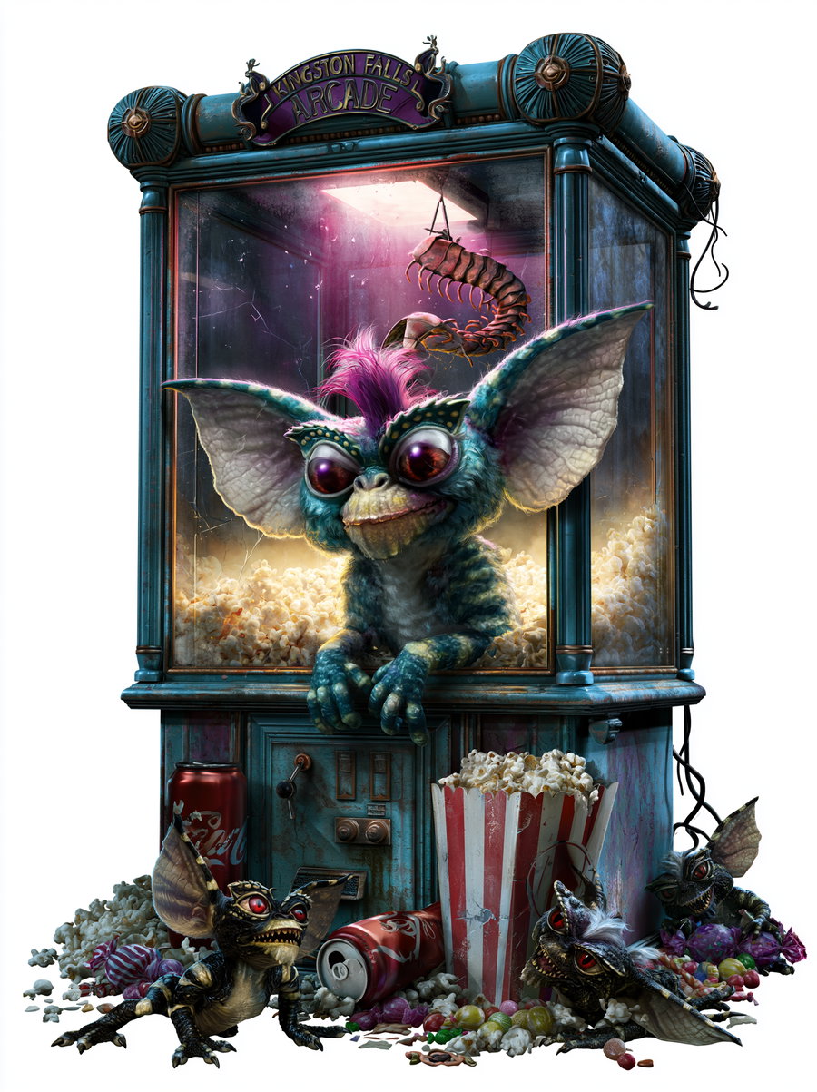 Blue-green gremlin creature with large ears and purple mohawk inside a vintage arcade popcorn machine filled with popcorn, with two smaller gremlin creatures near soda cans and spilled popcorn and candy on the ground