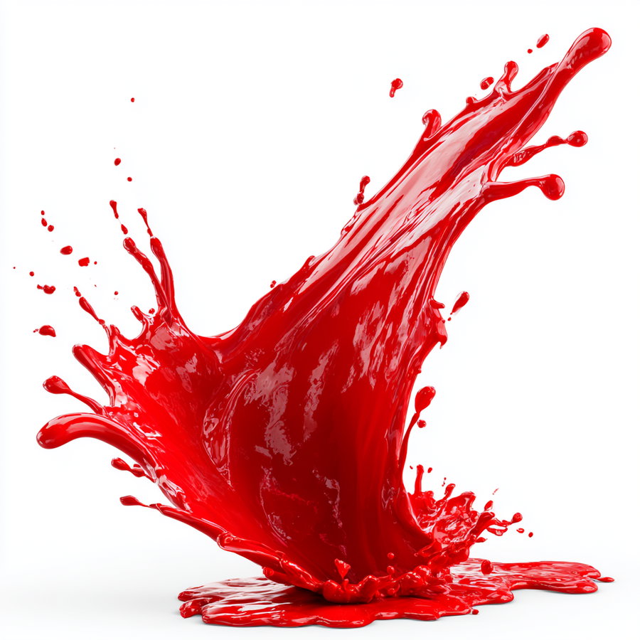a splash of bright red paint frozen in midair with drops spreading out on a white background