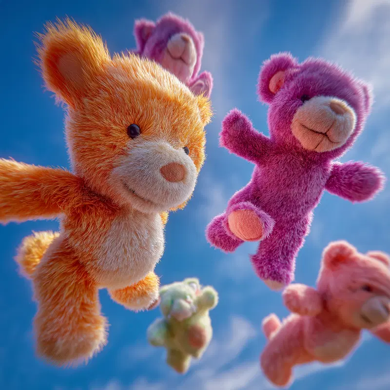 Colorful plush teddy bears floating against a bright blue sky background
