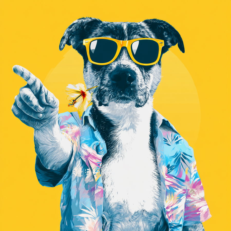 Illustration of a black and white dog wearing yellow sunglasses and a colorful floral shirt against a yellow background, with one paw pointing forward.