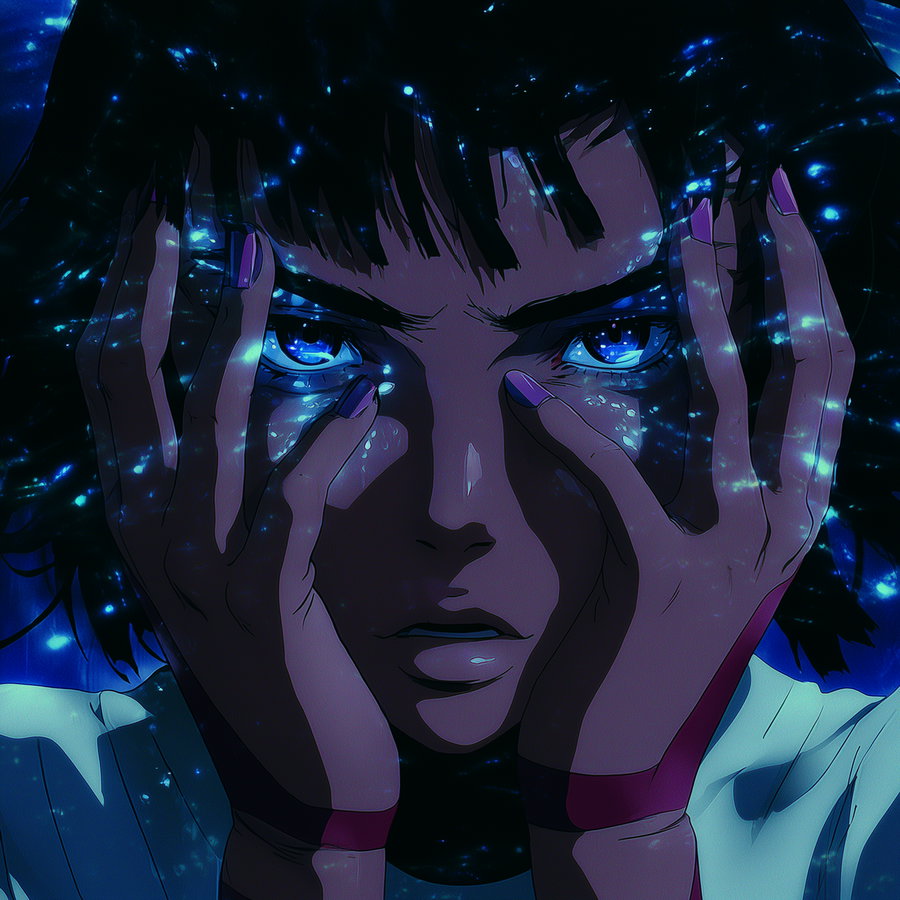 Close-up of an anime-style person with dark hair and glowing blue eyes, holding their face with both hands under shimmering blue light.