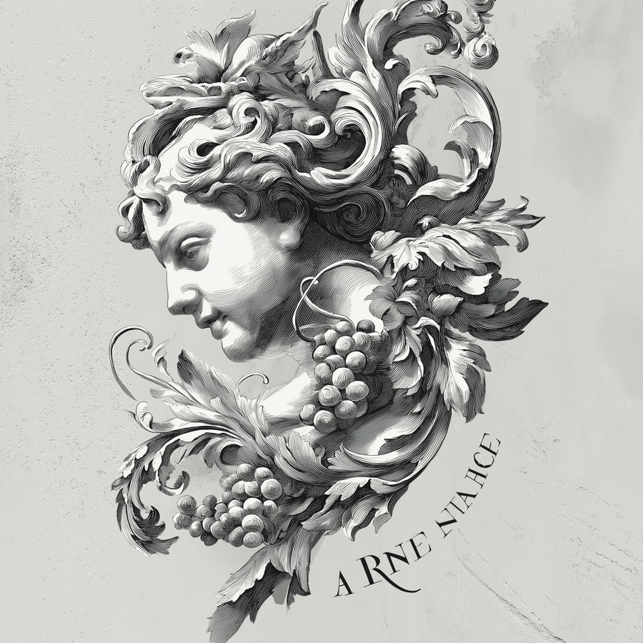 Black and white detailed sculpture of a classical figure adorned with grapes and foliage