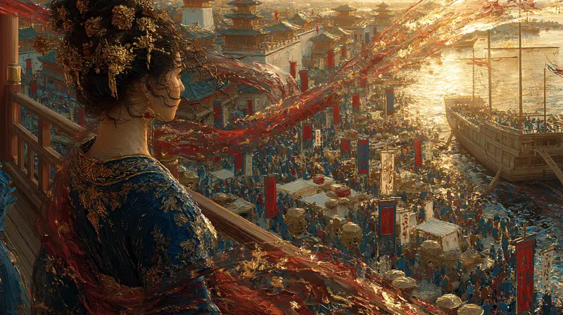 Elegant scene showing a detailed woman overlooking a historic bustling harbor
