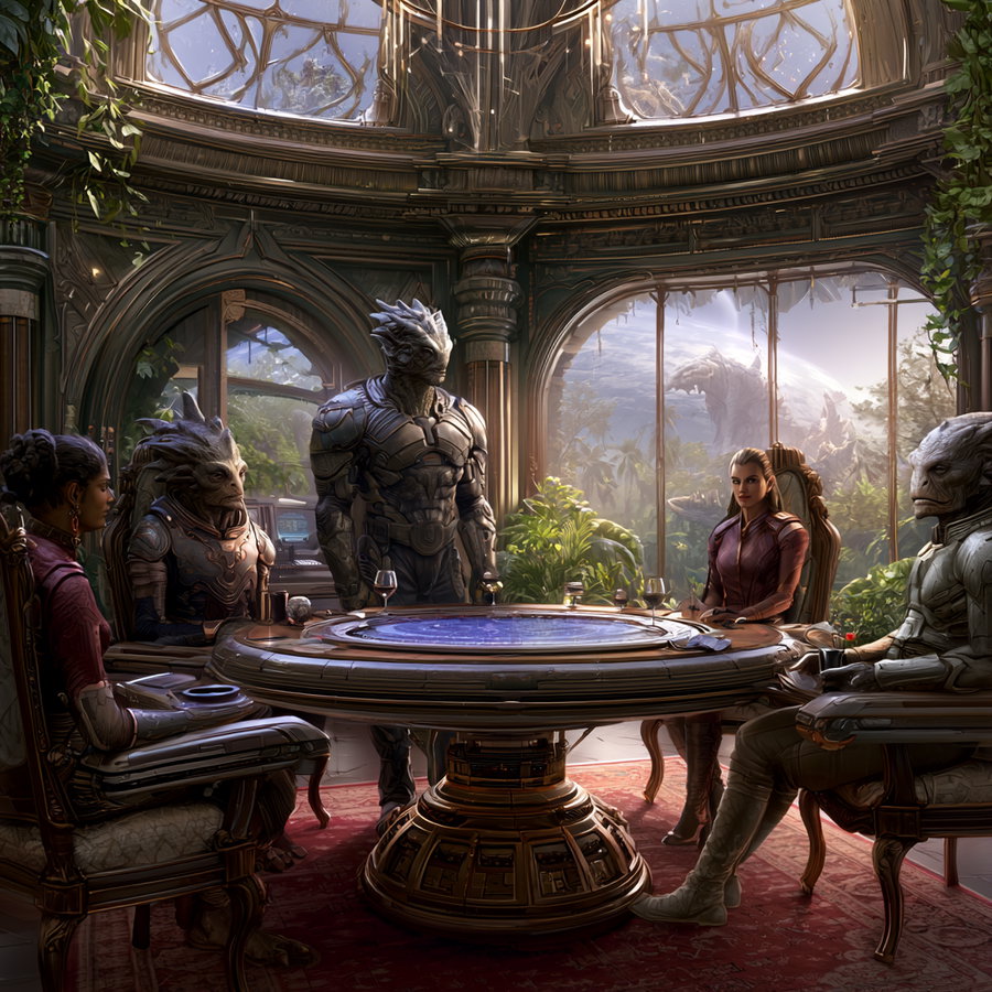 A group of humanoid alien figures in detailed armor and clothing seated around a large circular high-tech table inside an ornately decorated room with large windows showing a bright outdoor scene with large creatures and greenery.