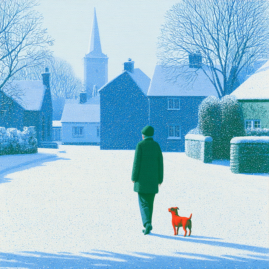 A painting showing a person dressed in dark clothing walking with a small red dog on a snow-covered street surrounded by blue-tinted houses and bare winter trees.