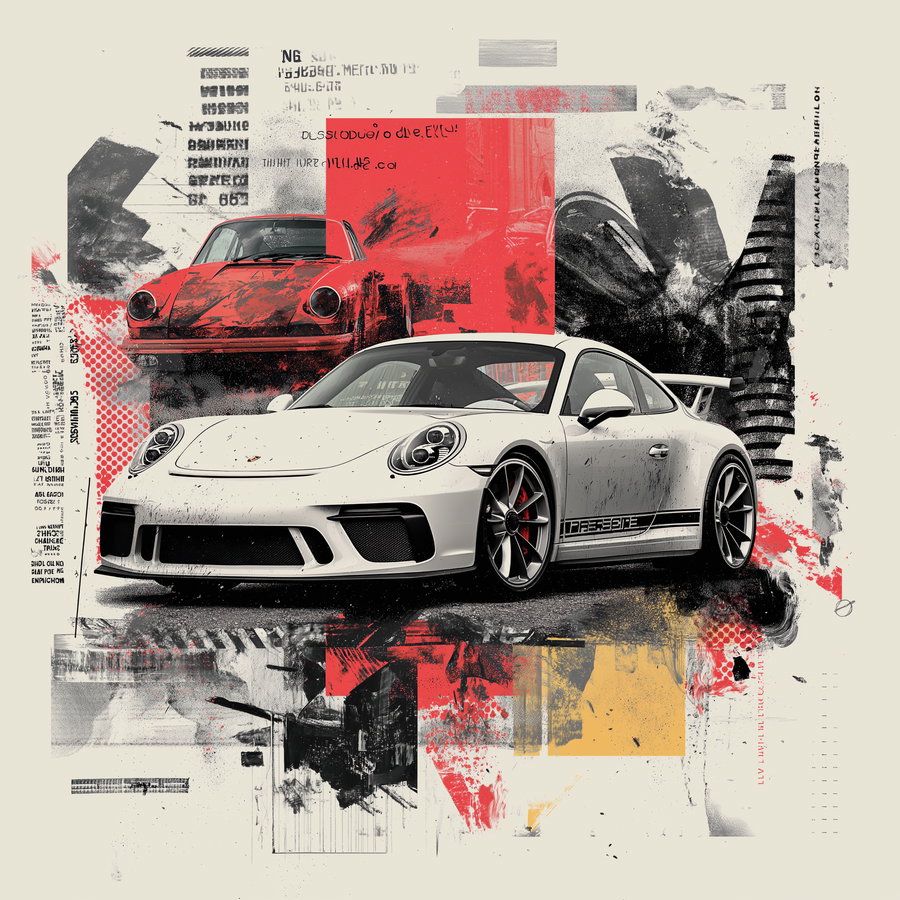 Artwork featuring a white modern Porsche sports car and a red vintage Porsche car with abstract splashes of red, black, and yellow paint and textured patterns