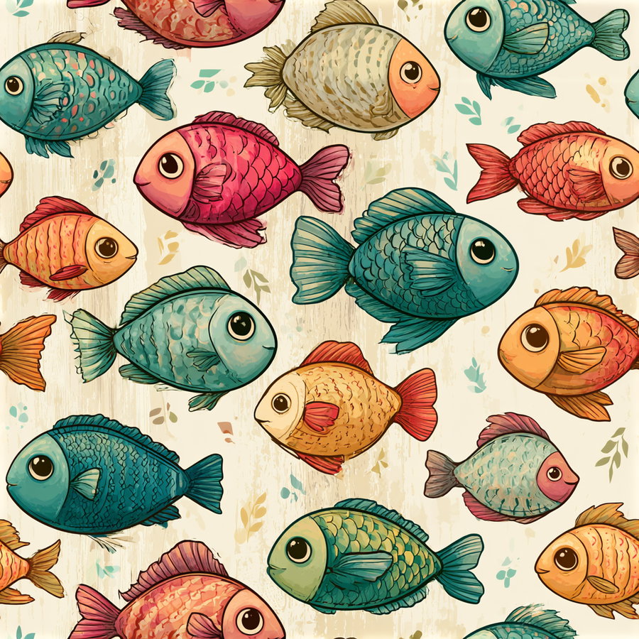 A pattern of multicolored cartoon fish with large eyes on a light textured background with small leaf designs.