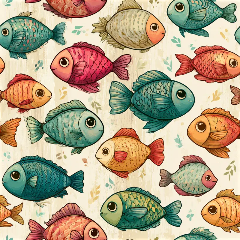 Colorful artistic illustration of various cartoon fish swimming on a pale background