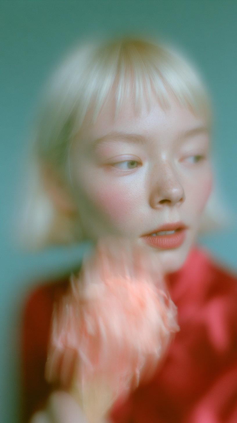 A close-up portrait of a woman with short blonde hair, wearing a red garment, holding a pink flower close to her face, with a soft and dreamy focus effect.