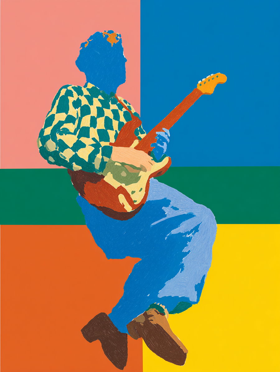 Illustration of a person with blue face and hands wearing a checkered shirt and blue pants playing an electric guitar, with a background composed of large blocks of orange, yellow, green, blue, and pink colors.