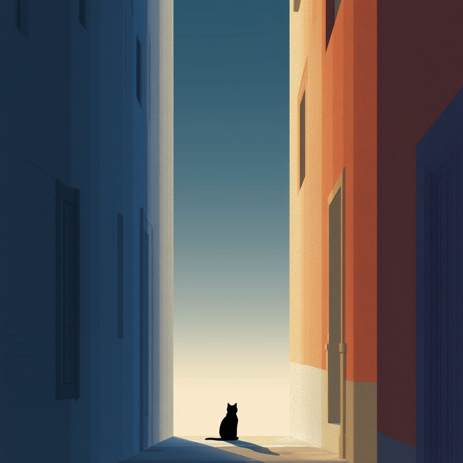 A black cat sits on the ground between two tall buildings, one dark blue and one warm orange, with long shadows cast and a gradient sky in the background.