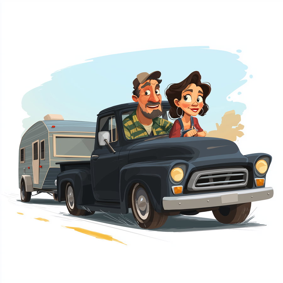 Cartoon illustration of a smiling man and woman in a blue vintage pickup truck pulling a camper trailer on a road