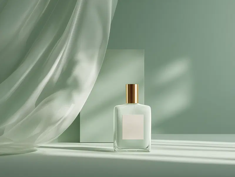 Minimalist still life with perfume bottle and soft fabric in muted tones