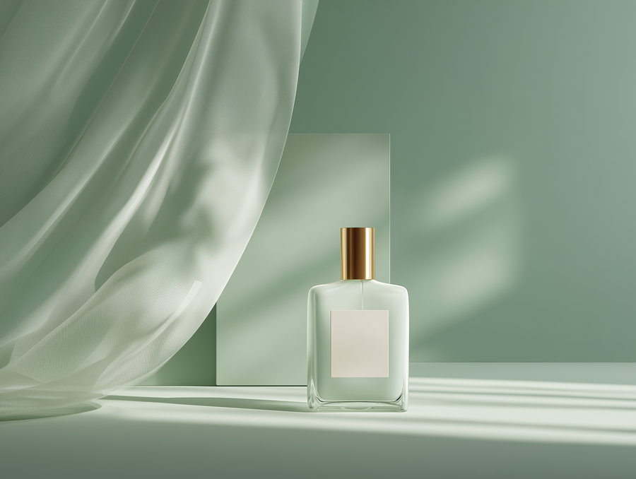 A glass perfume bottle with a gold cap and a blank label set against a muted green background with a sheer fabric draped on the side casting soft shadows