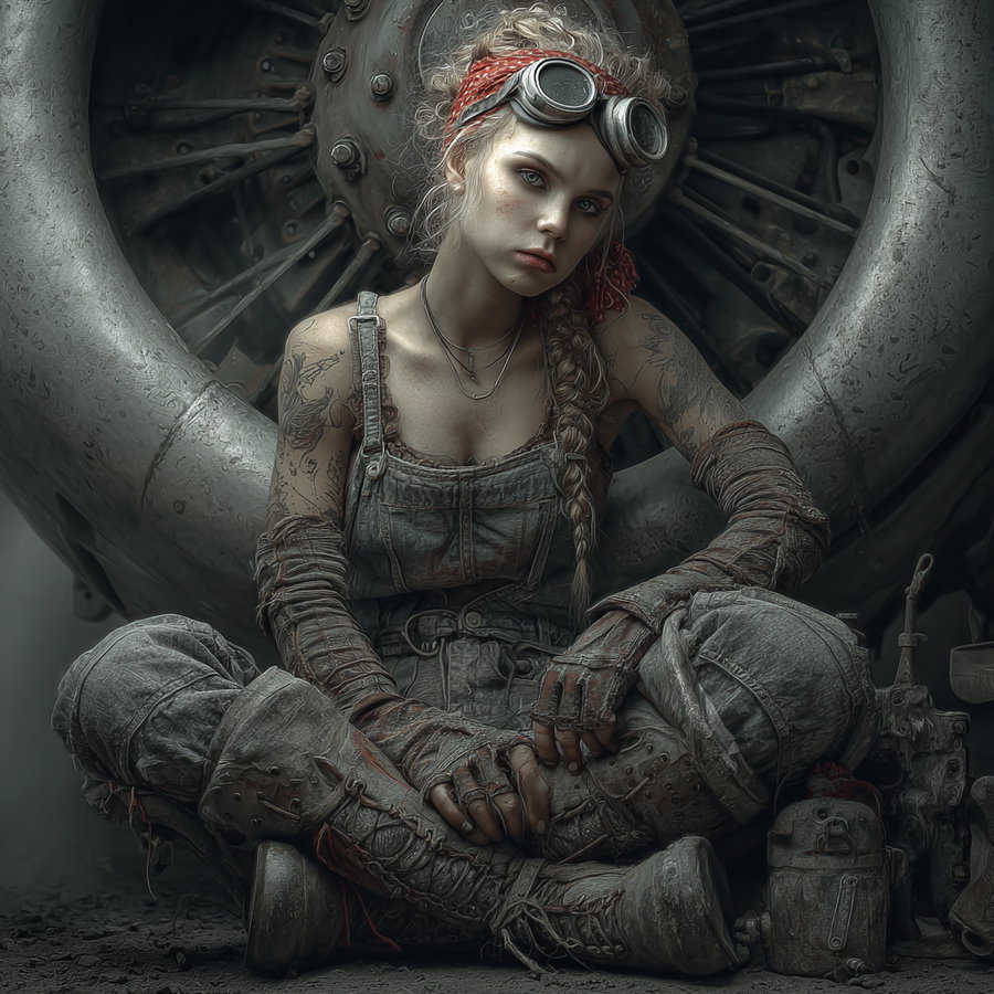 A young woman with braided hair and goggles on her head, dressed in worn, rugged steampunk clothing and boots, sitting cross-legged in front of a large mechanical wheel with industrial details