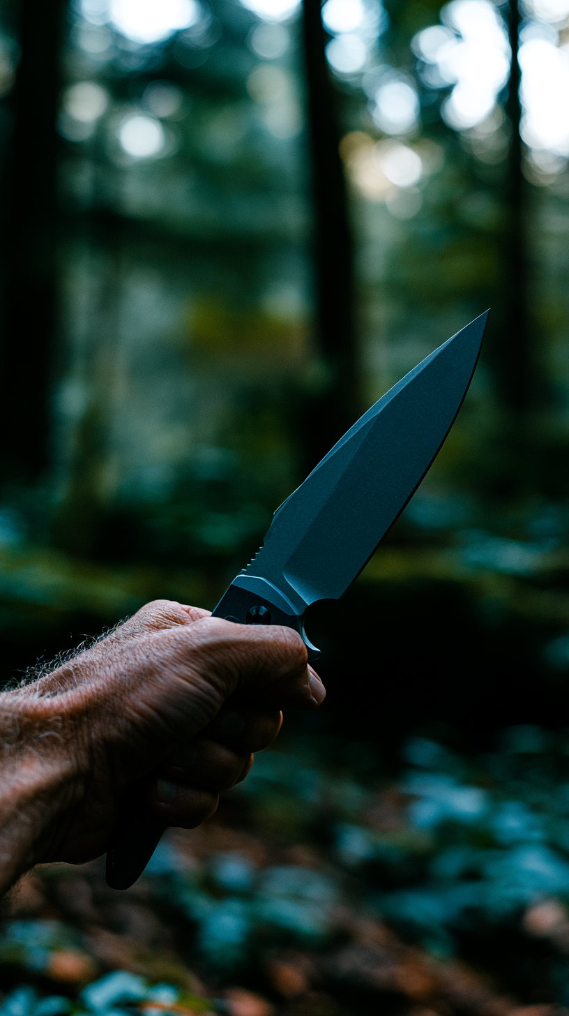 A hand gripping a black knife with a pointed blade, with blurred trees and foliage in the background