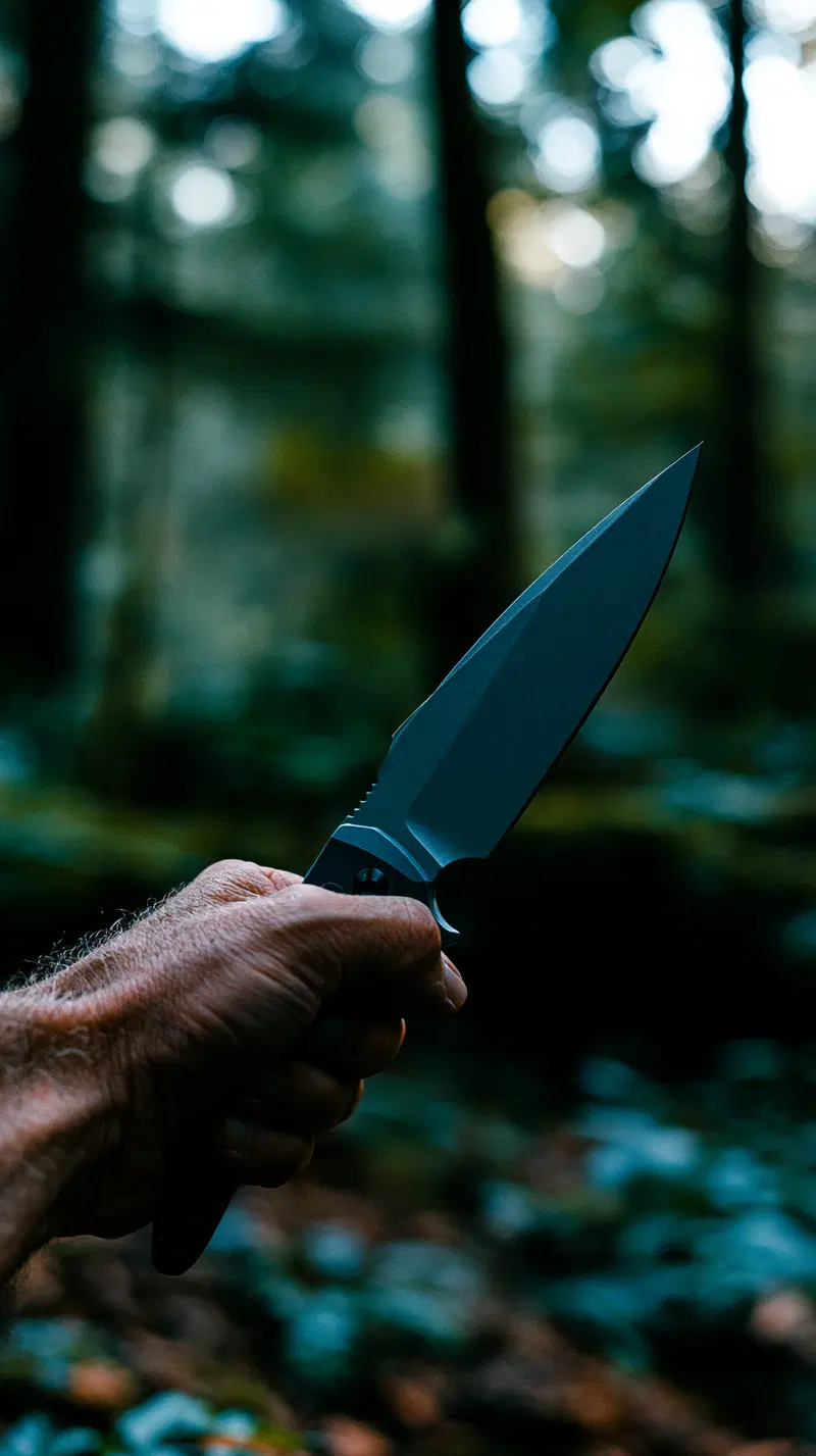 Close-up of a hand holding a knife with a forest background