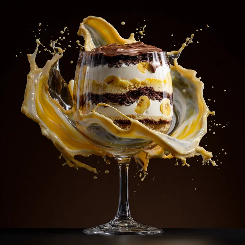 Still life art showing a layered dessert with banana and chocolate in a glass and splash effect