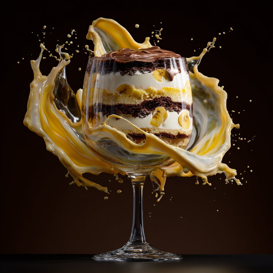 Layered dessert in a wine glass with cream, banana slices, chocolate layers and an artistic splash surrounding it against a dark background