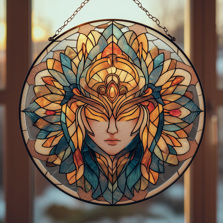 Circular stained glass artwork with a stylized serene face at the center, surrounded by intricate blue, yellow, and orange floral and geometric patterns, hanging in front of a window.