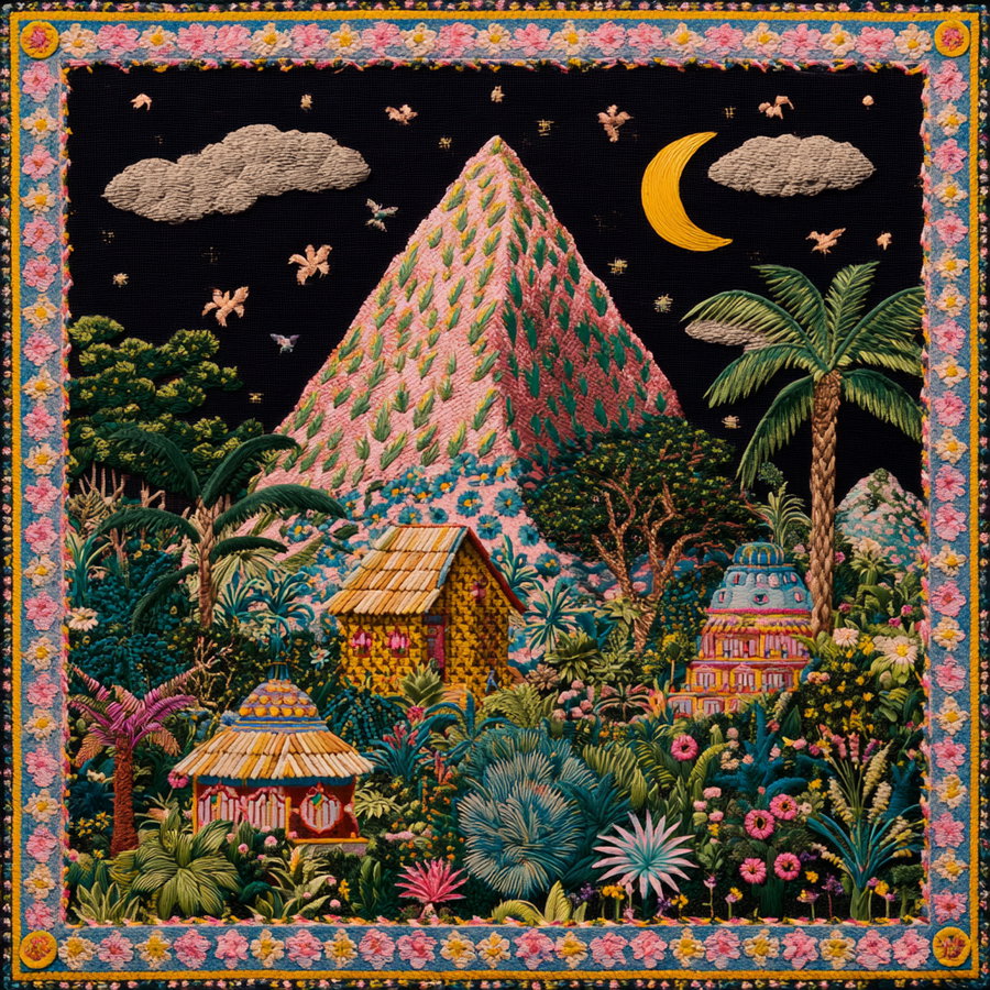 An embroidered artwork depicting a lush botanical garden with various tropical plants, flowers, and trees, including palm trees, small huts, pyramids covered in foliage, a crescent moon, clouds, and birds against a black night sky, framed by a floral border.