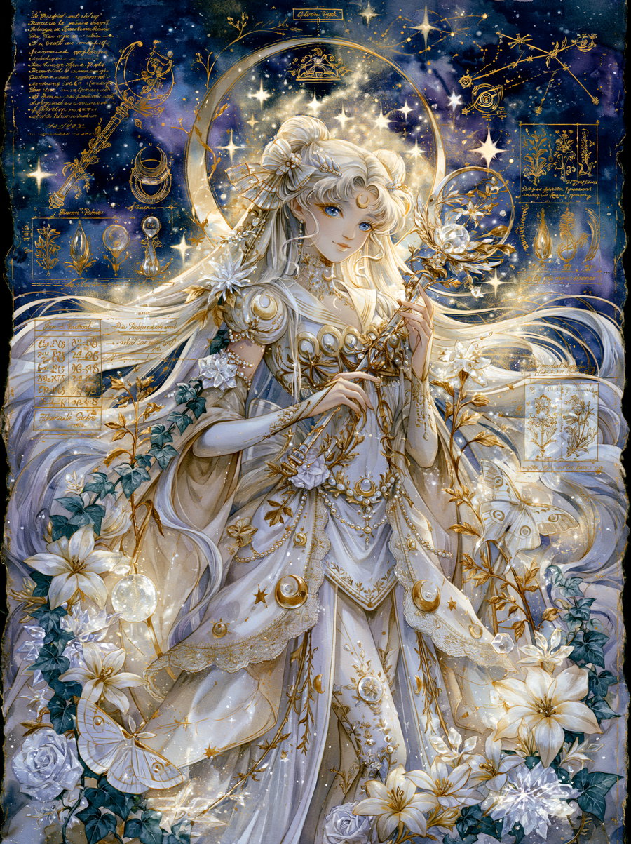 A beautifully detailed fantasy artwork featuring a celestial woman in ornate white and gold attire, holding a decorative staff, surrounded by blooming white and gold flowers, golden butterflies, and starry cosmic background with mystical symbols and handwritten notes.