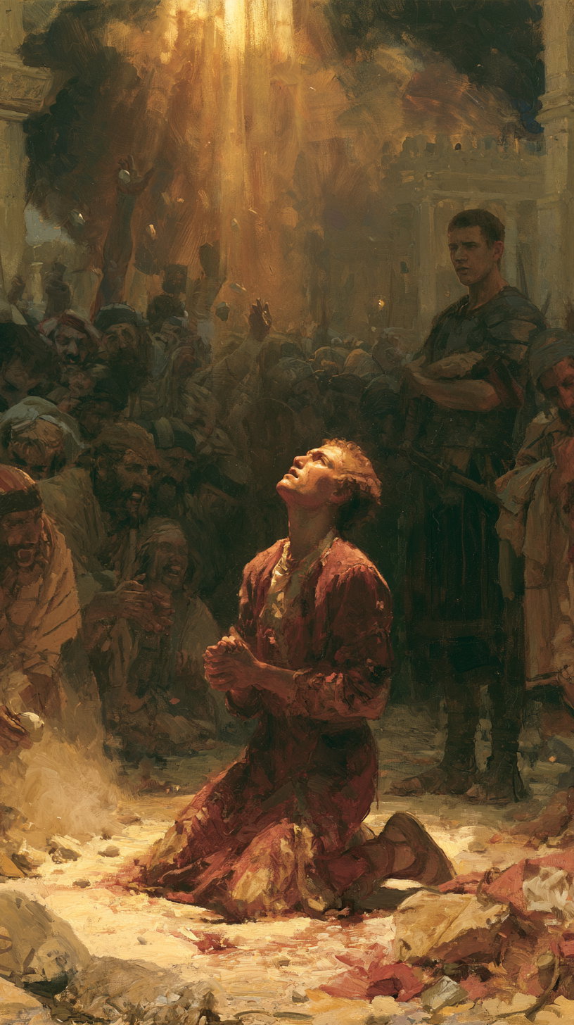An oil painting depicting a man kneeling on the ground, looking upward with his hands clasped in prayer, surrounded by a crowd with one man in armor standing to the right, all illuminated by a dramatic shaft of light from above.