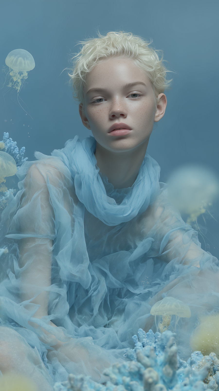 A young woman with short curly blonde hair and freckles wearing a sheer blue dress amidst blue coral and translucent jellyfish against a blue background