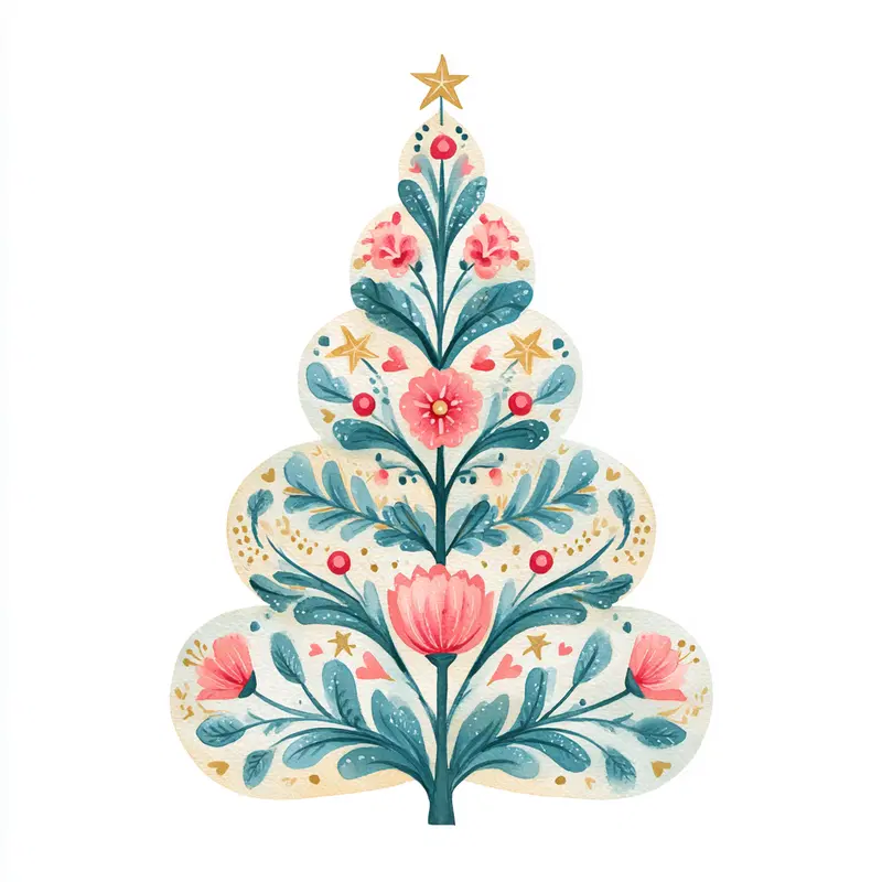 Watercolor Floral Tree Design with Blue Leaves and Pink Flowers