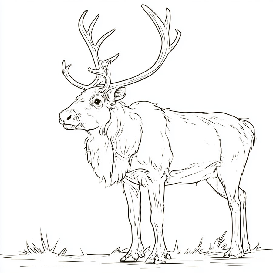 Black and white line art illustration of a stag with prominent antlers standing on grass