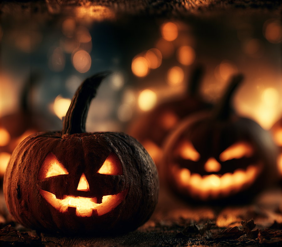 Close-up view of two carved pumpkins with glowing faces, set against a blurred warm bokeh background with autumn leaves on the ground
