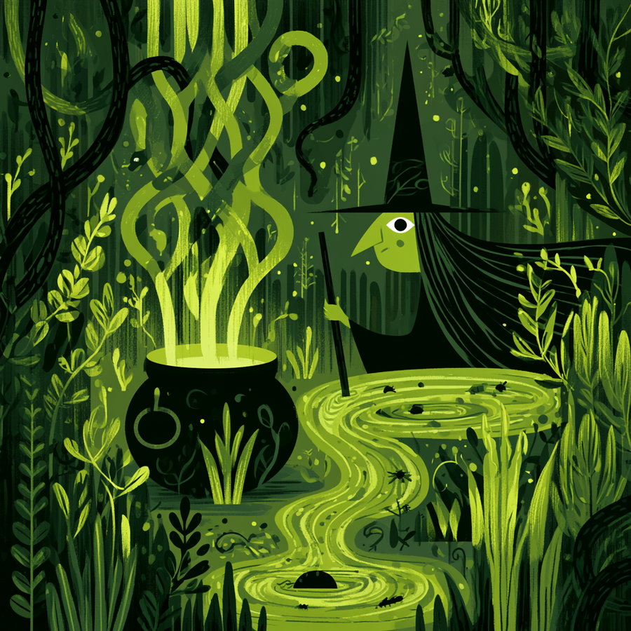 Illustration of a green witch stirring a cauldron with glowing steam in a dense forest surrounded by plants and insects